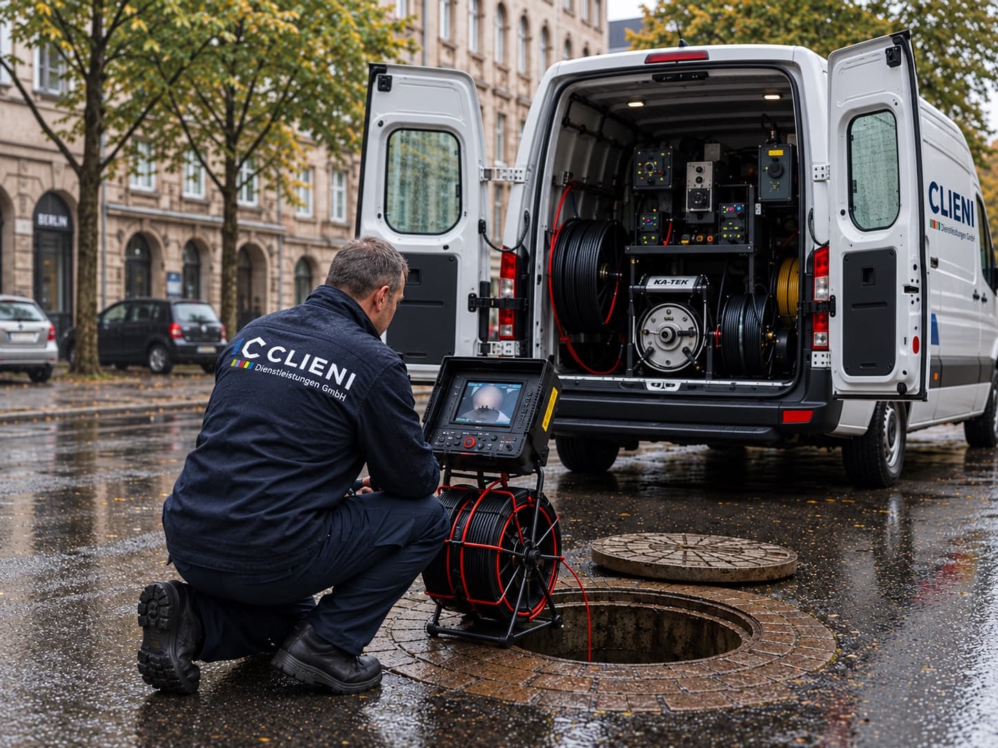 CLIENI-Monteur bei der Kanal-TV-Inspektion an einem geöffneten Schacht in Berlin, dahinter das Einsatzfahrzeug mit Kameratechnik und Schlauchtrommeln