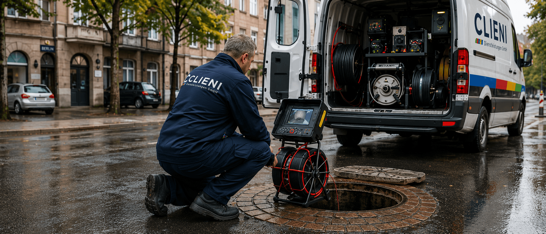 CLIENI Techniker dokumentiert Kanalschaden am Einsatzfahrzeug