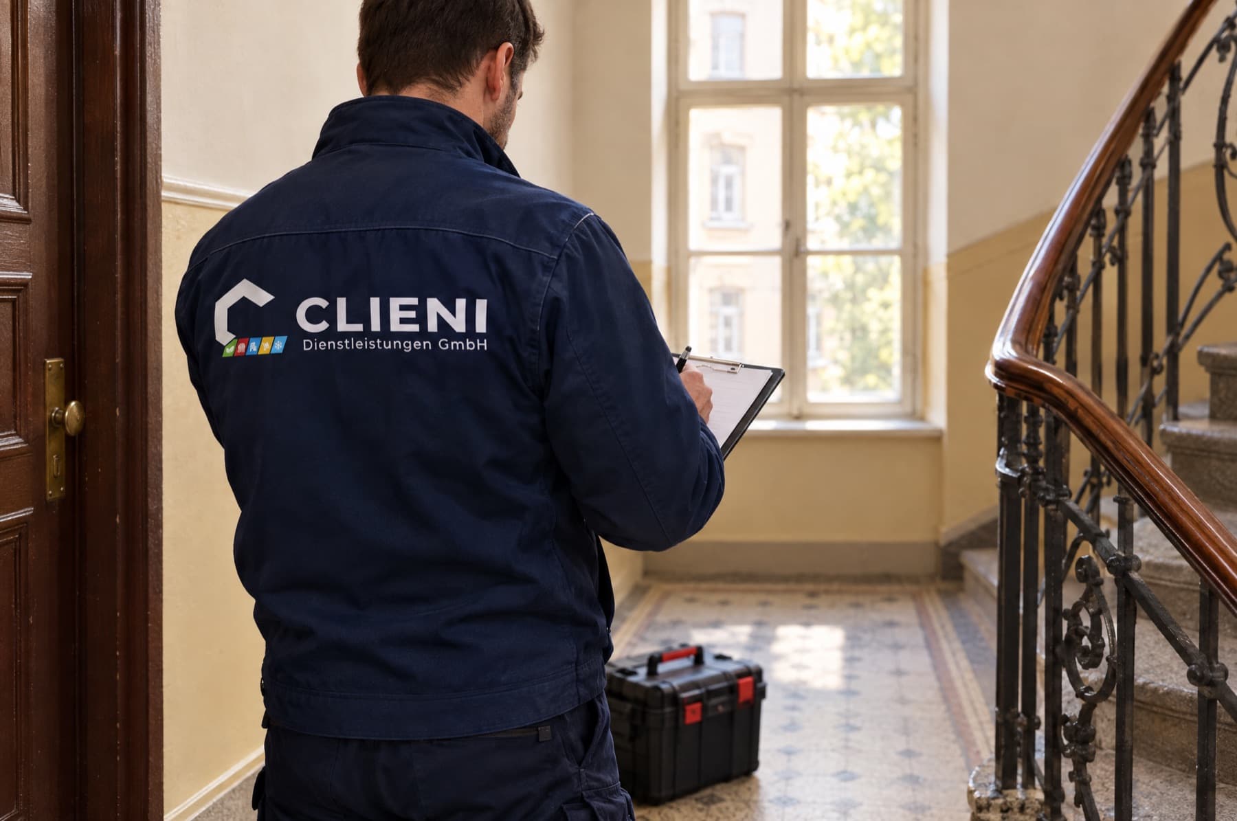 CLIENI Monteur nimmt im Hausflur eines Berliner Altbaus den Umfang einer Leckortung auf
