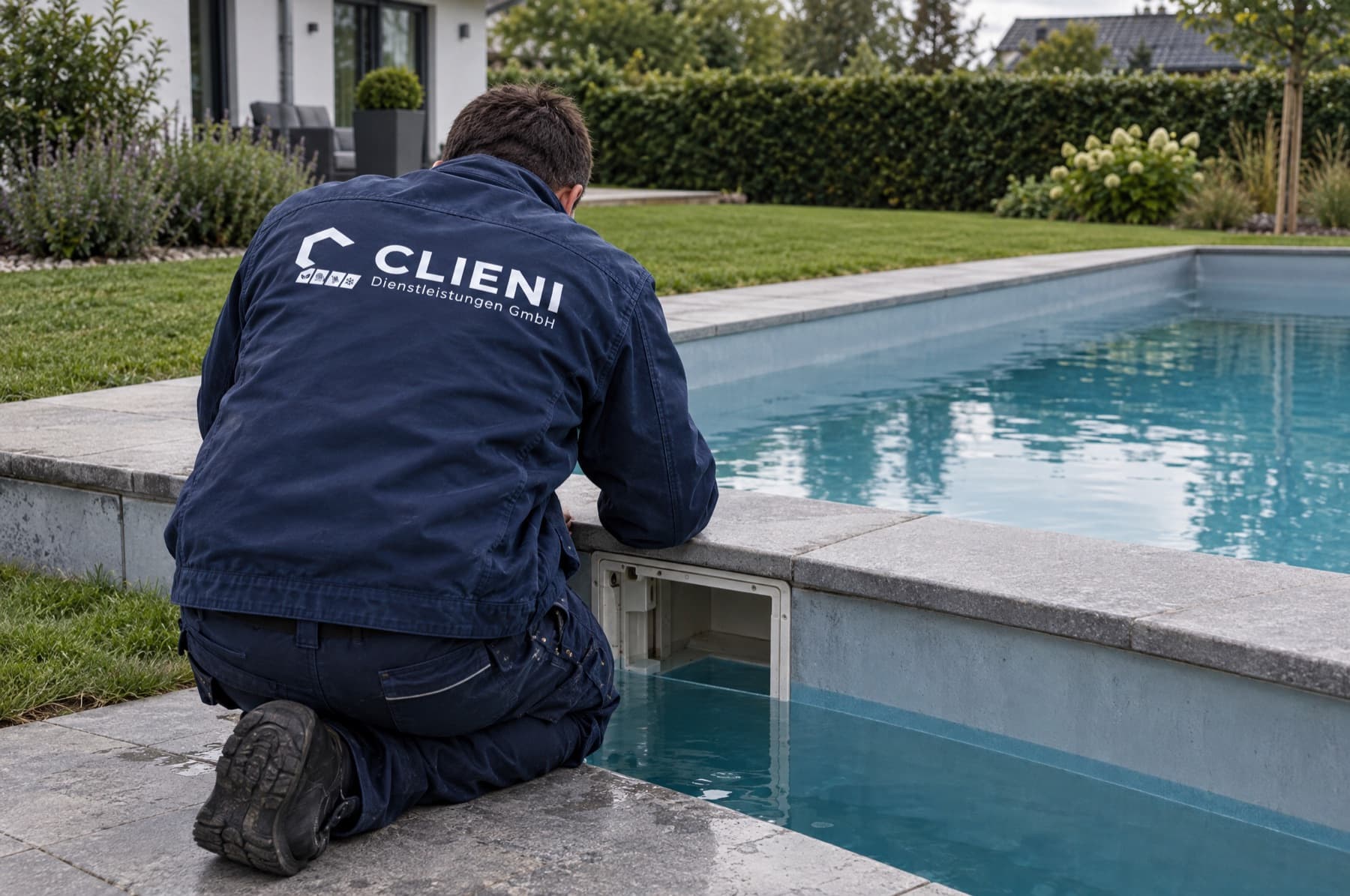 CLIENI Monteur prüft den Skimmer eines Gartenpools bei sinkendem Wasserstand