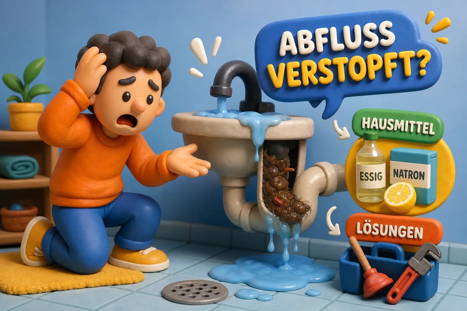 Abfluss verstopft: Illustration eines verstopften Siphons mit Hausmitteln wie Natron und Essig als erste Lösung