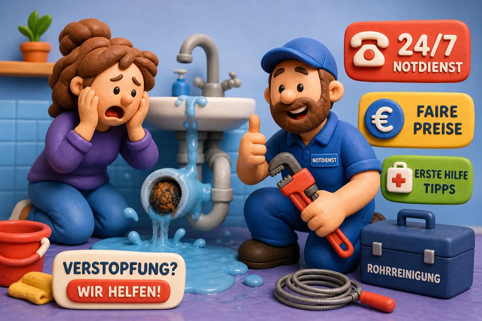 Rohrverstopfung Berlin: Illustration eines Notdienst-Monteurs am verstopften Abfluss, 24/7 erreichbar zu fairen Preisen