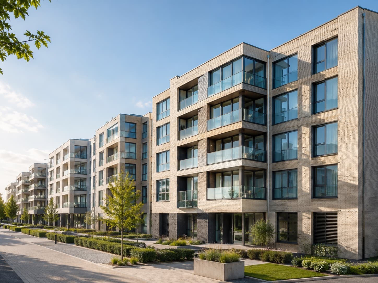 Moderne Wohnanlage mit mehreren Gebäuderiegeln im Sonnenlicht