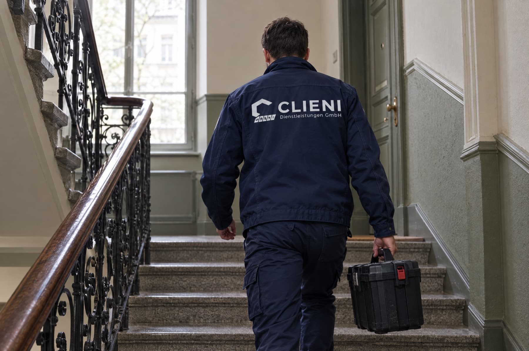 CLIENI Monteur mit Messkoffer im Treppenhaus eines Berliner Mehrfamilienhauses