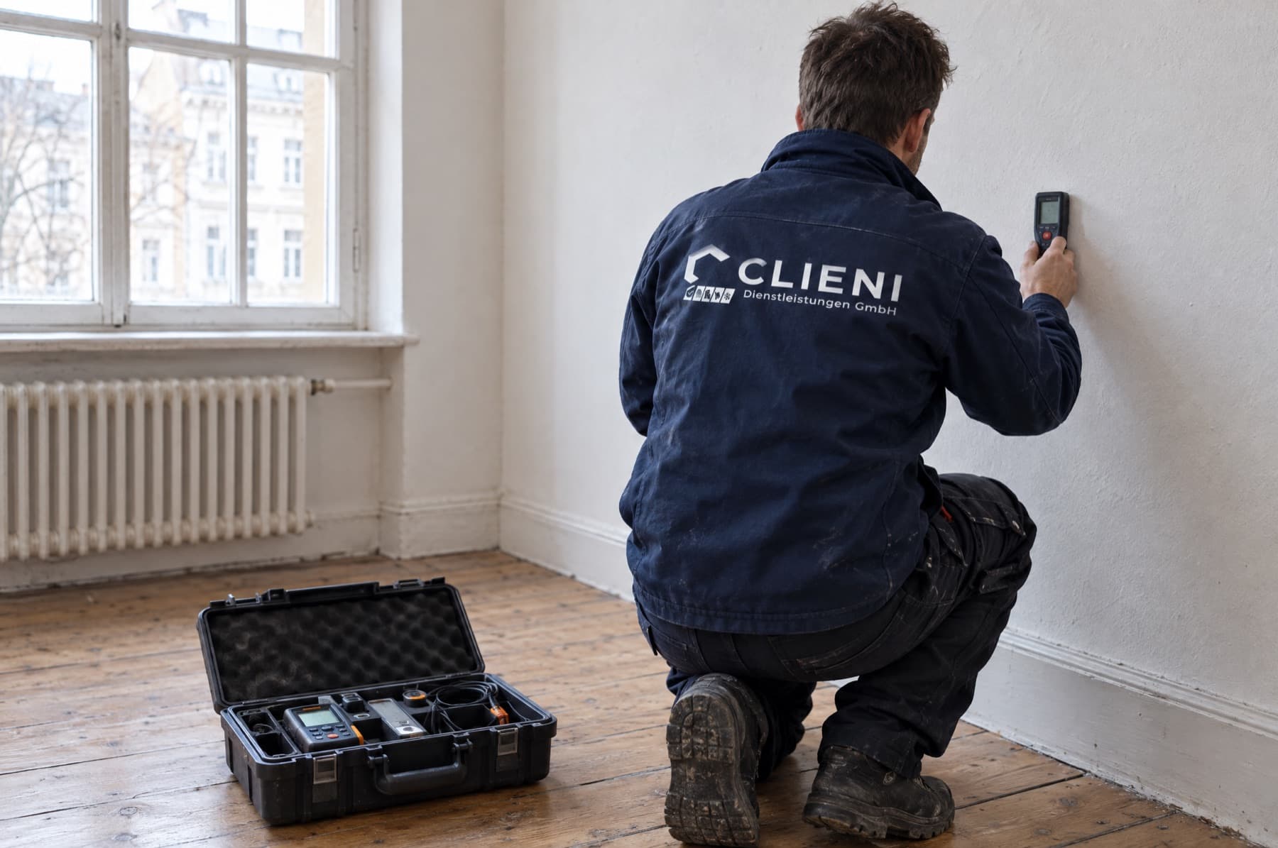 CLIENI Monteur prüft in einer leeren Berliner Altbauwohnung eine Wand mit Messtechnik zur Leckortung
