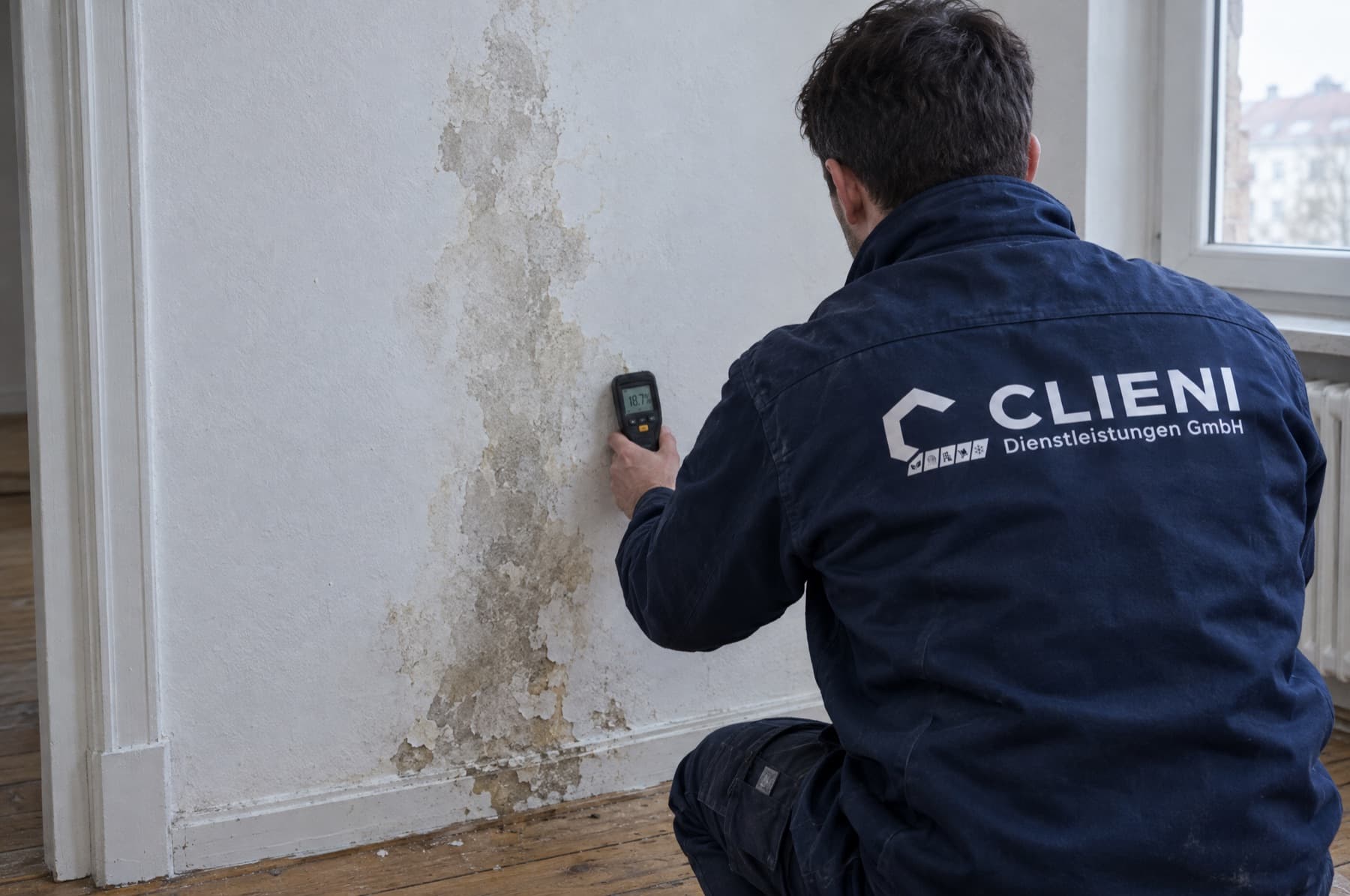 CLIENI Monteur misst die Durchfeuchtung an einer Wand mit Wasserschaden in einer Berliner Altbauwohnung